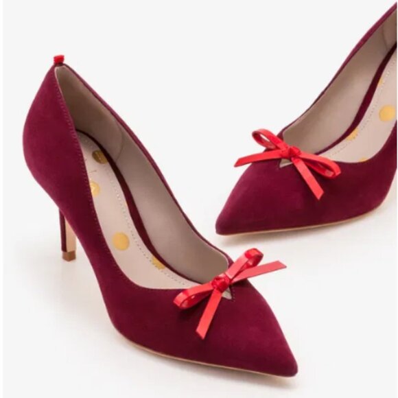 Boden Eleanor Courts Women EU 38.5 D'Orsay Pumps 3in Suede Pointed Toe Red Bow - Picture 1 of 7